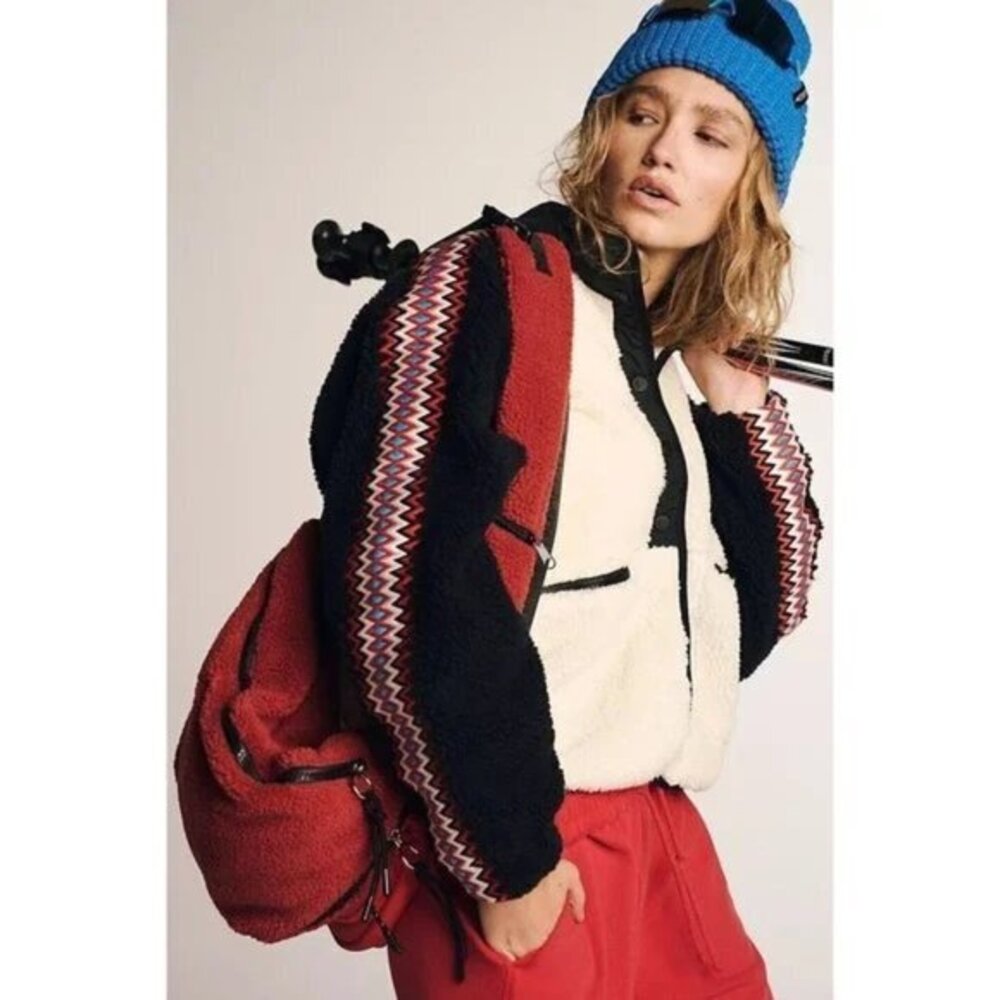 Free People Teddy Jacket in Cream, Black & Red with Zigzag Trim
